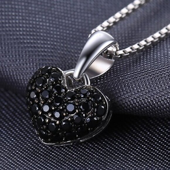 Necklace jewelry heart love black spinel 925 sterling silver 18" long box chain - Picture 3 of 4